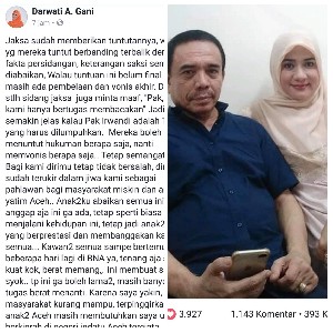 Irwandi Dituntut 10 Tahun Penjara, Darwati Tumpahkan Isi Hati Di Facebook.